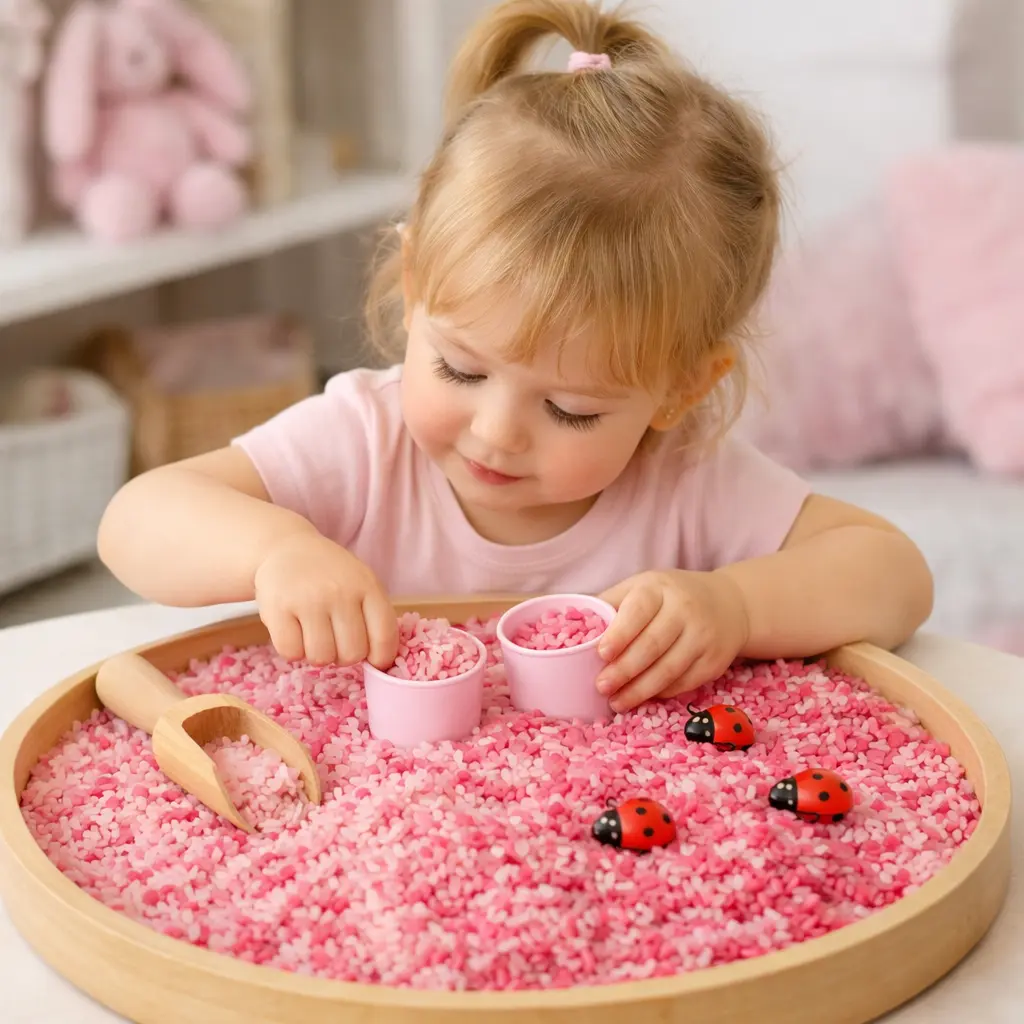 Kind spielt mit gefärbtem Reis und Sensorikmaterialien