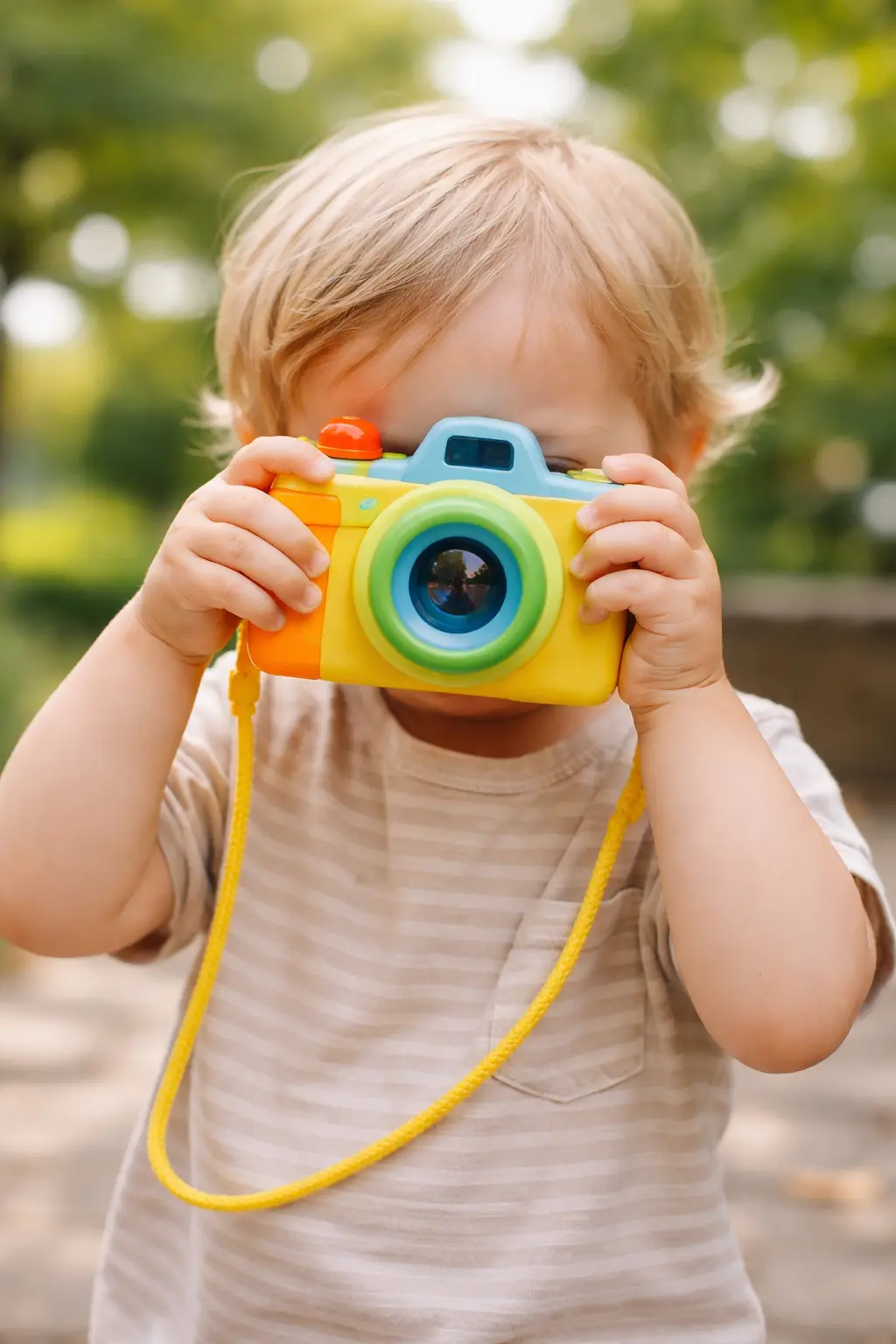 Kind schaut durch Spielzeugkamera